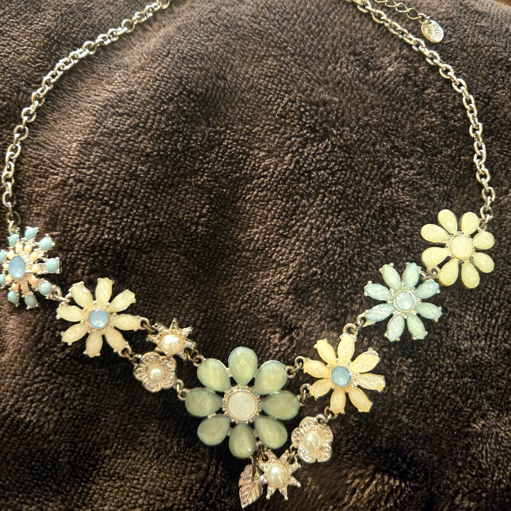 Floral Gemstone Fashion Necklace, Green, Aqua, Blue